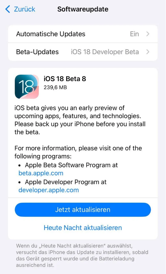 赣县苹果手机维修分享苹果 iOS / iPadOS 18 开发者预览版 Beta 8 发布 